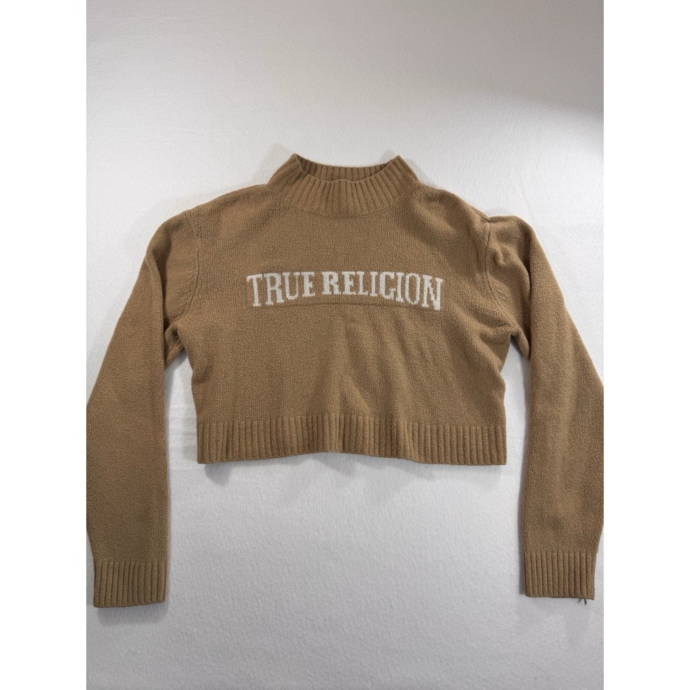 True Religion Womens Cropped Logo Sweater Beige Mock Neck L G32DQSWX00065